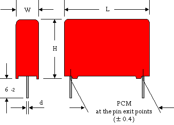 Dimensional drawing WIMA MKP 4 capacitors in 2-pin version